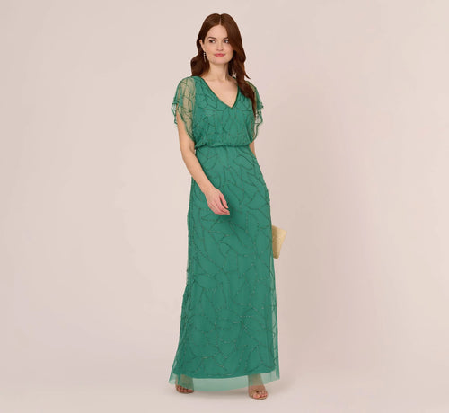 Beaded Blouson Mermaid Gown With Sheer Dolman Sleeves In Jungle Green