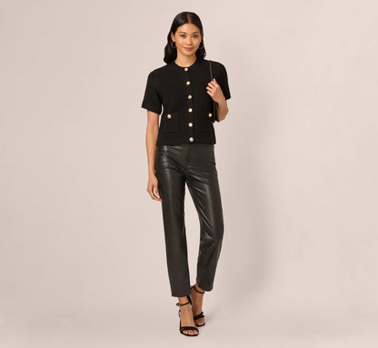 Short Sleeve Textured Cardigan Sweater In Black