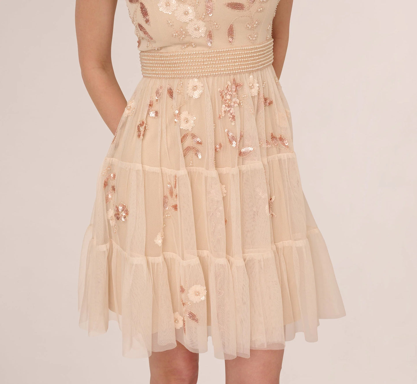 Cap Sleeve Pearly Sequin Cocktail Dress In Pale Pink