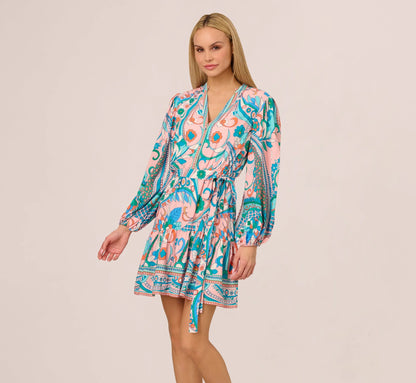 Long Sleeve Retro Printed A Line Dress In Peach Multi
