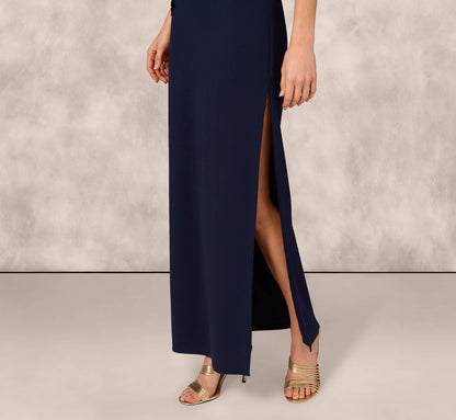 Strapless Floral Sequin Beaded Column Gown In Navy
