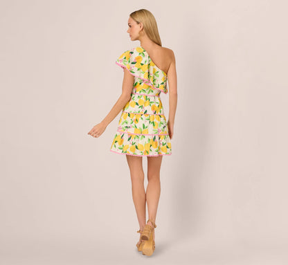 One Shoulder Ruffle Lemon Print Mini Dress In White Multi