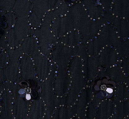 Long Sleeve Illusion Floral Beaded Midi Dress In Midnight