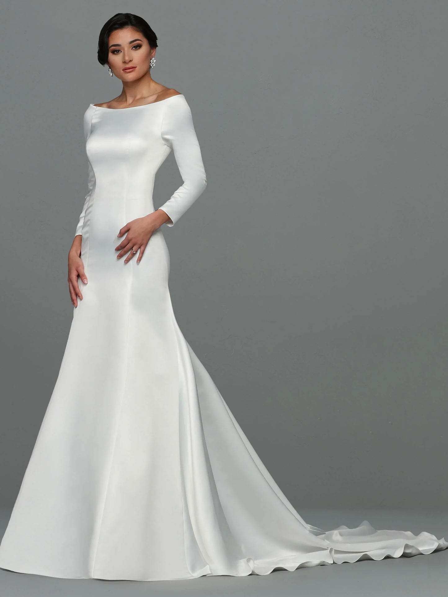 SATIN FIT AND FLARE WEDDING DRESS WITH LONG SLEEVES