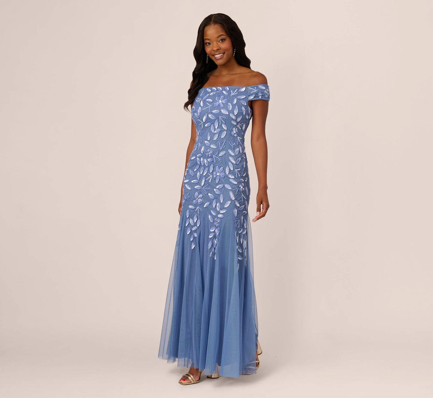 Off Shoulder Floral Beaded Godet Gown In French Blue