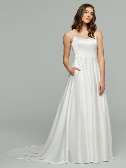 STRETCH SATIN A LINE WEDDING DRESS WITH SCOOP NECKLINE