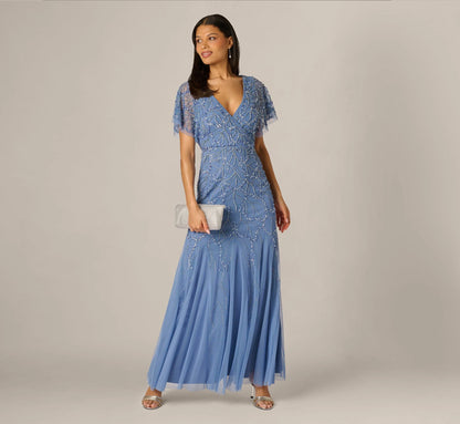 Flutter Sleeve Surplice Beaded Gown In French Blue