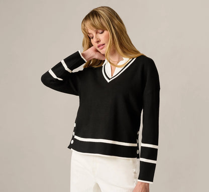 Long Sleeve Drop Shoulder Twofer Sweater In Black Ivory