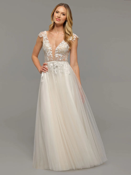 A LINE TULLE CAP SLEEVE WEDDING DRESS WITH LACE