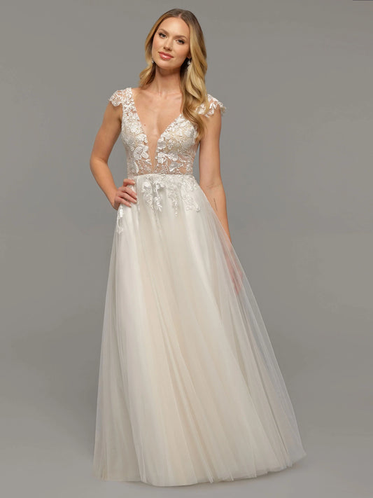 A LINE TULLE CAP SLEEVE WEDDING DRESS WITH LACE