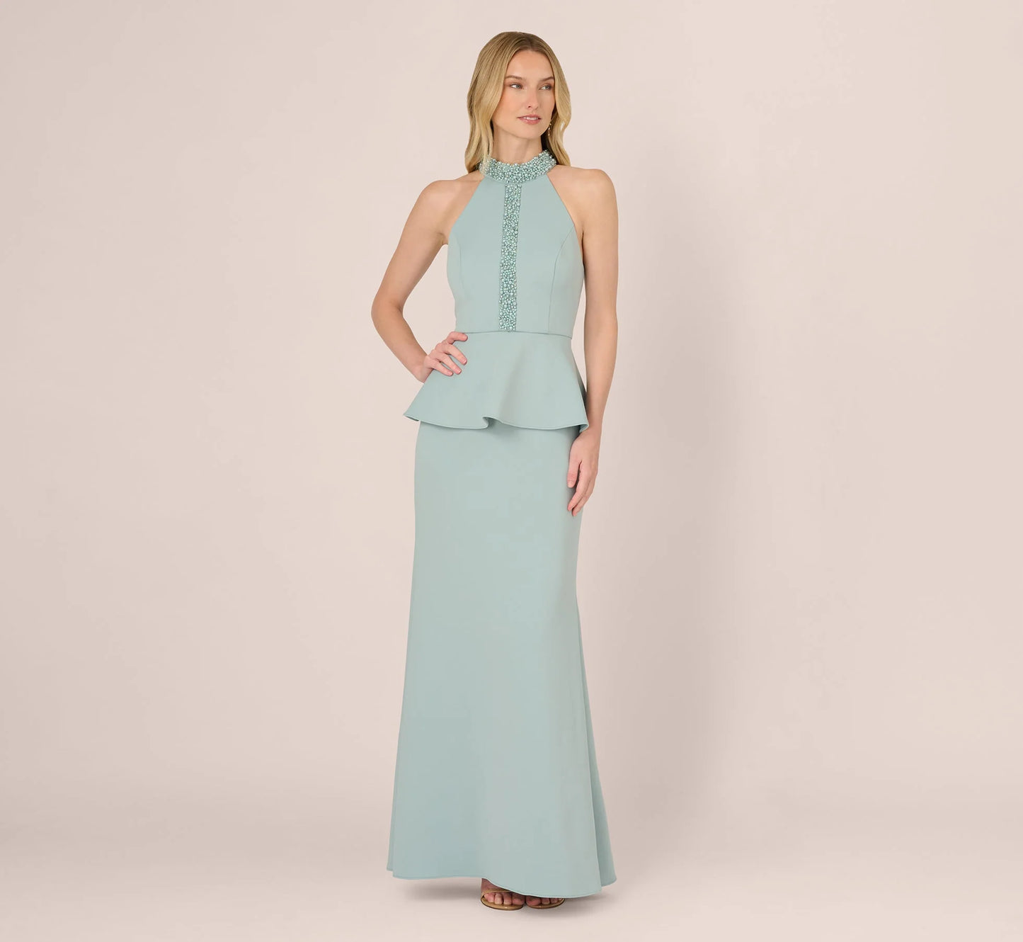 Sleeveless Pearly Halter Peplum Gown In Aqua Dust