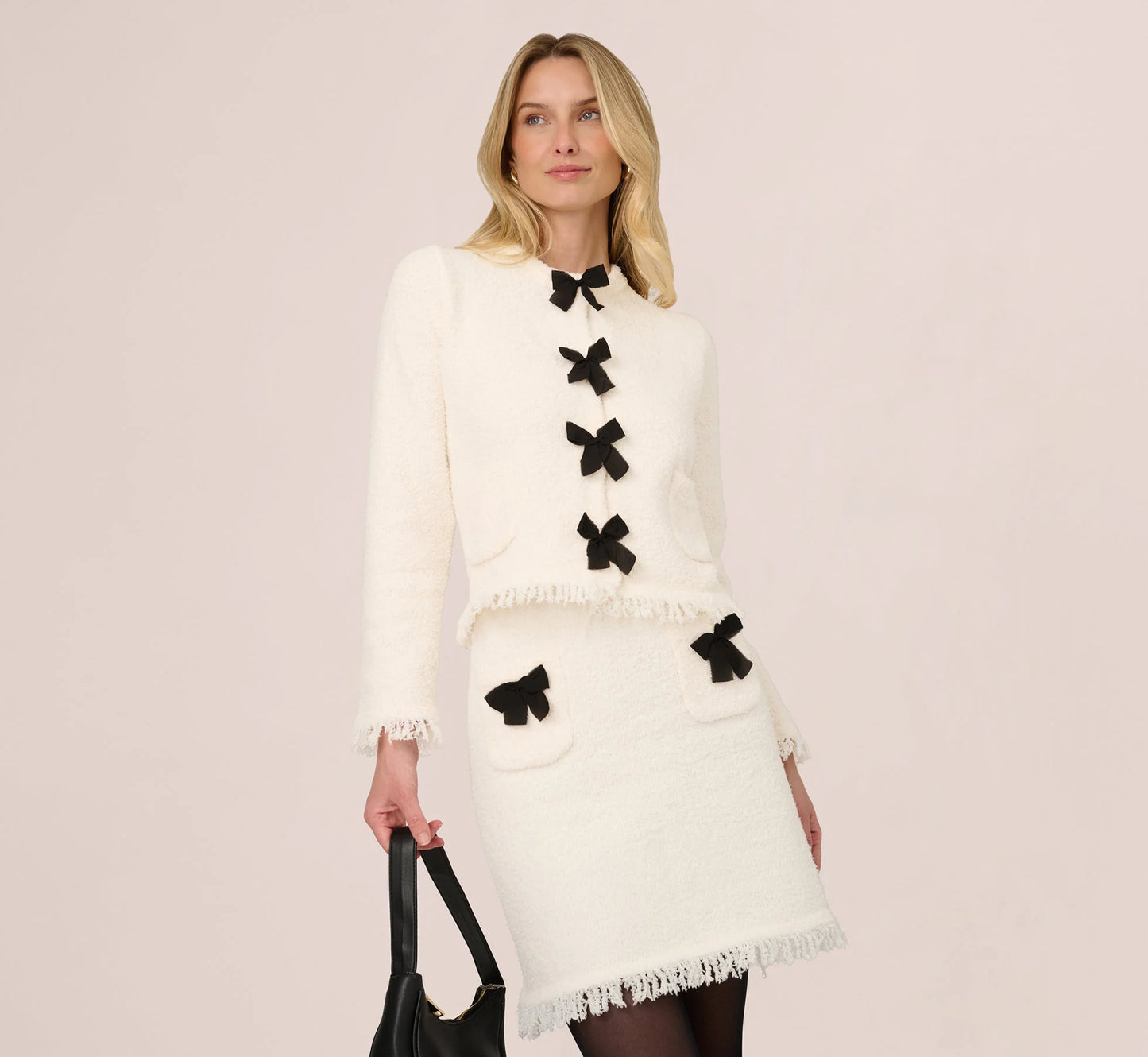 Chenille Boucle Bow Cardigan In Ivory Black