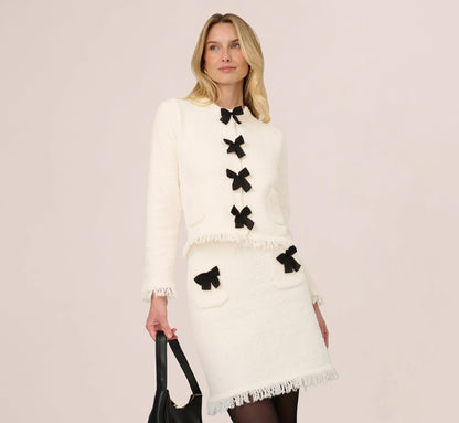 Chenille Boucle Bow Cardigan In Ivory Black