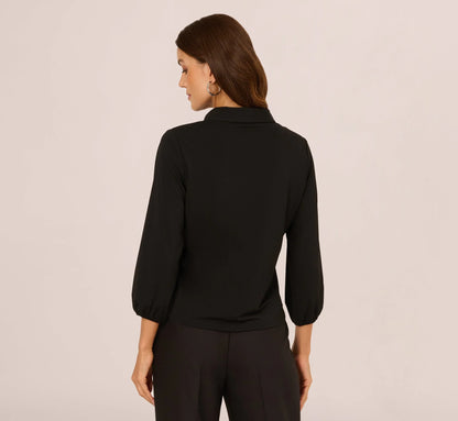 Three Quarter Sleeve Pearly Bow Blouse In Black