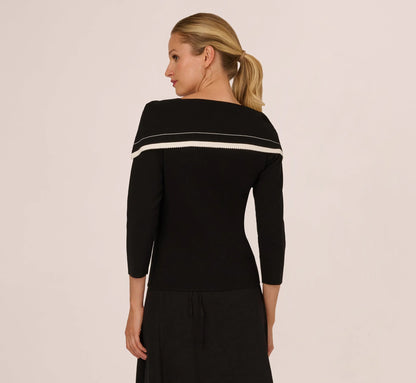 Off Shoulder Bow Collar Sweater In Black Ivory