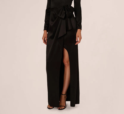 Long Sleeve Satin Bow Gown In Black