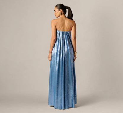Strapless Foil Chiffon Trapeze Gown In Azure Blue
