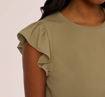 Flutter Sleeve Rib Knit Top In Army Green