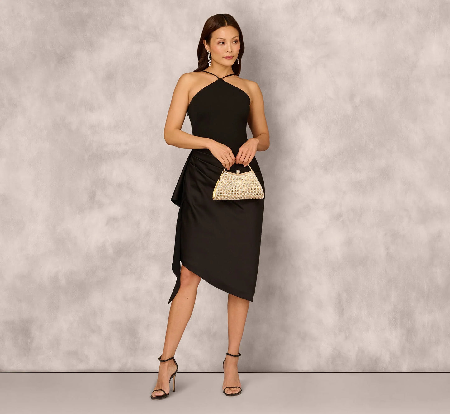 Draped Satin Halter Combo Dress In Black