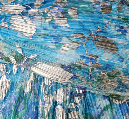 Plus Size Flutter Sleeve Crinkle Foil Floral Gown In Blue Multi