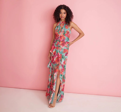 Floral Printed Halter Mermaid Gown With Ruffle Details In Turquoise Multi