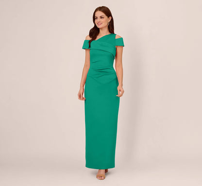 Asymmetrical Draped Column Gown In Emerald