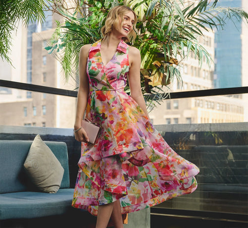 Sleeveless Floral Organza Collared High Low Dress In Pink Multi