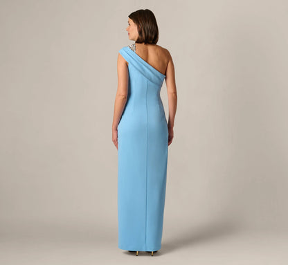 Beaded One Shoulder Stretch Column Gown In Waterfall
