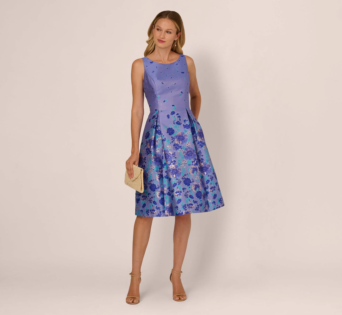 Sleeveless Floral Jacquard Fit And Flare Dress In Blue Multi