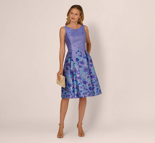 Sleeveless Floral Jacquard Fit And Flare Dress In Blue Multi