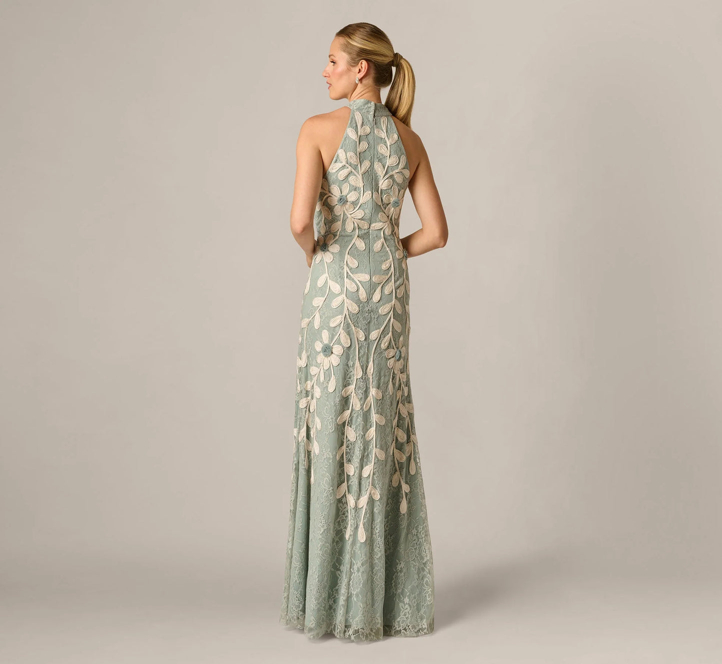 Lace Soutache Embroidery Halter Gown In Sage Ivory