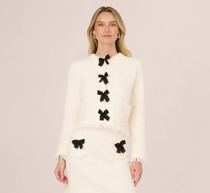 Chenille Boucle Bow Cardigan In Ivory Black