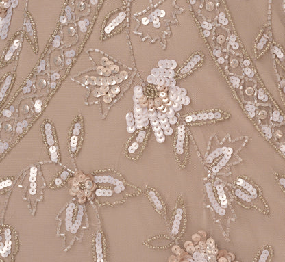 Flutter Sleeve Floral Beaded Fringe Midi Dress In Marble