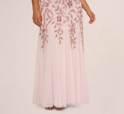 Plus Size Hand Beaded Short Sleeve Floral Godet Gown In Blush Pink