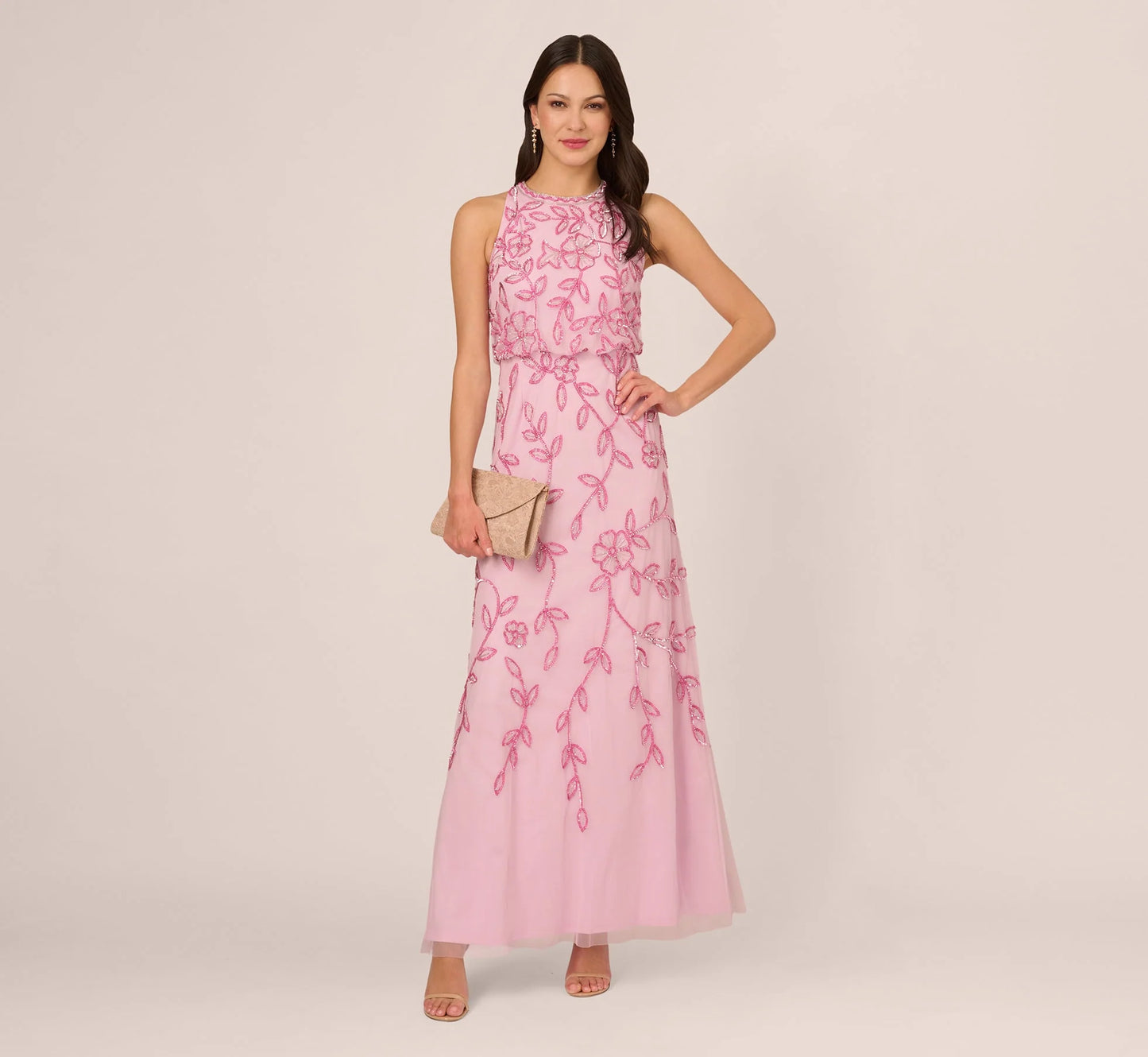 Sleeveless Blouson Mermaid Gown With Jasmine Beading In Pink Lace
