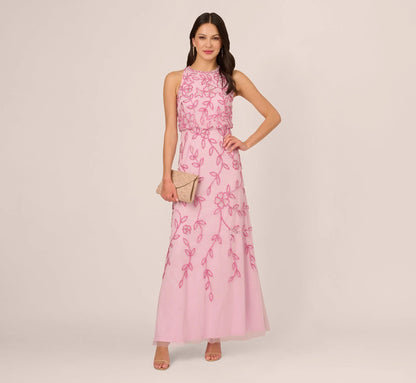 Sleeveless Blouson Mermaid Gown With Jasmine Beading In Pink Lace