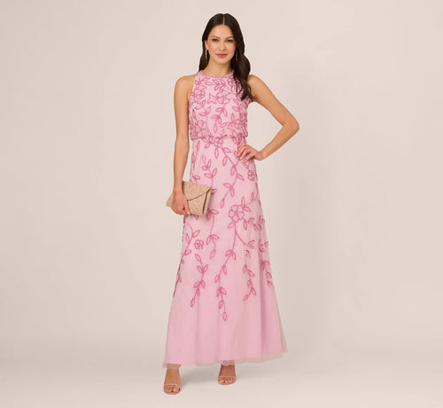 Sleeveless Blouson Mermaid Gown With Jasmine Beading In Pink Lace
