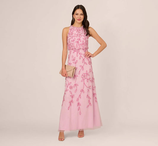 Sleeveless Blouson Mermaid Gown With Jasmine Beading In Pink Lace