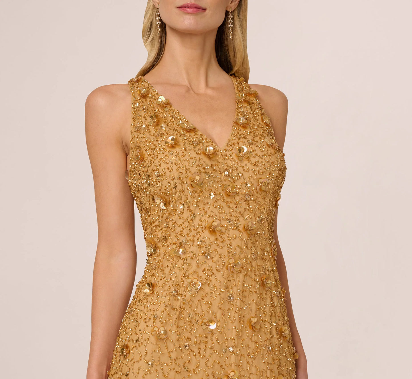 Sleeveless V Neck 3D Floral Beaded Gown In Golden Ray