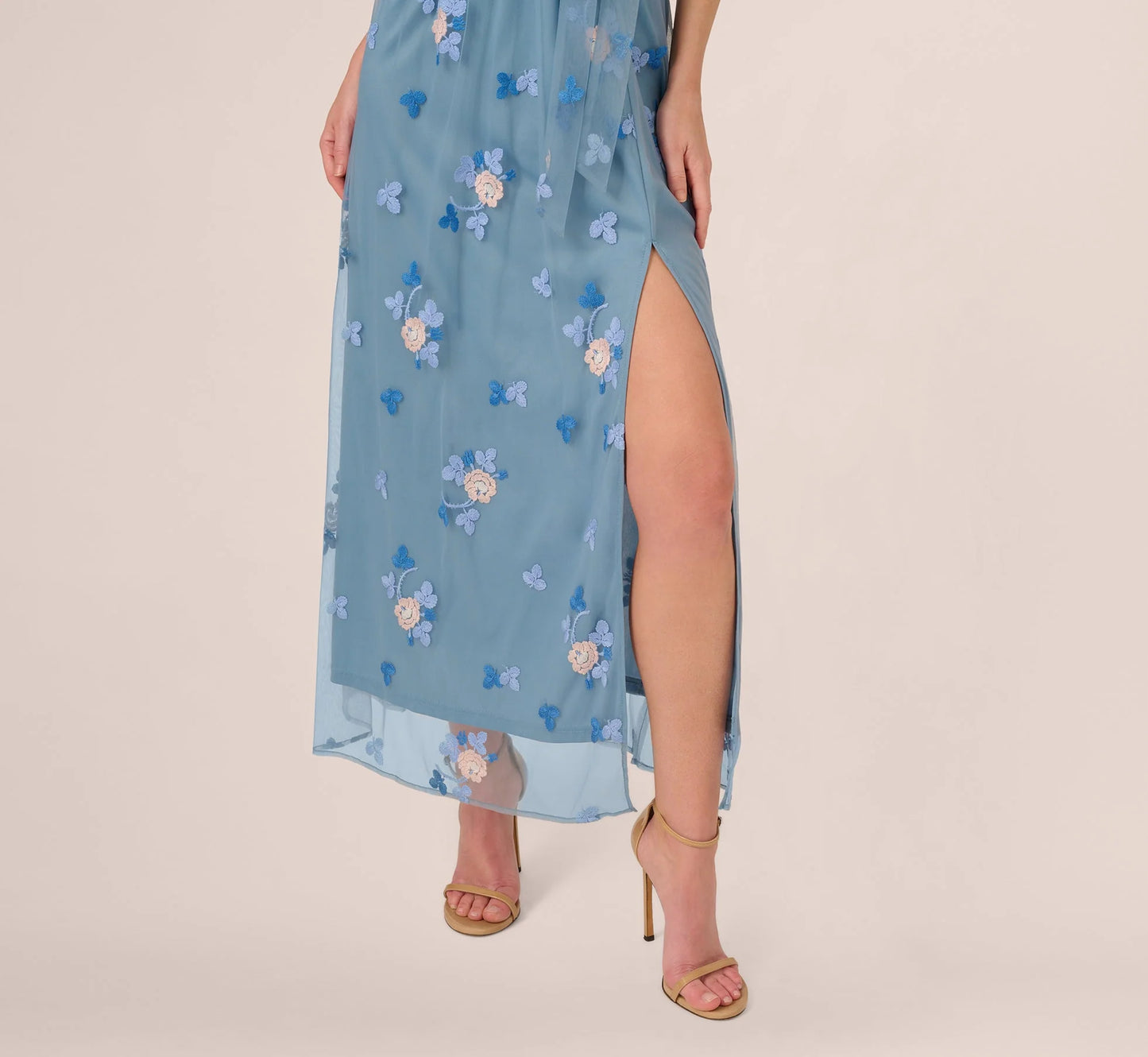 Sleeveless Illusion Embroidered Maxi Dress In French Blue Multi