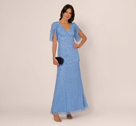 Tulip Sleeve 3D Floral Beaded Mermaid Dress In Bluebell