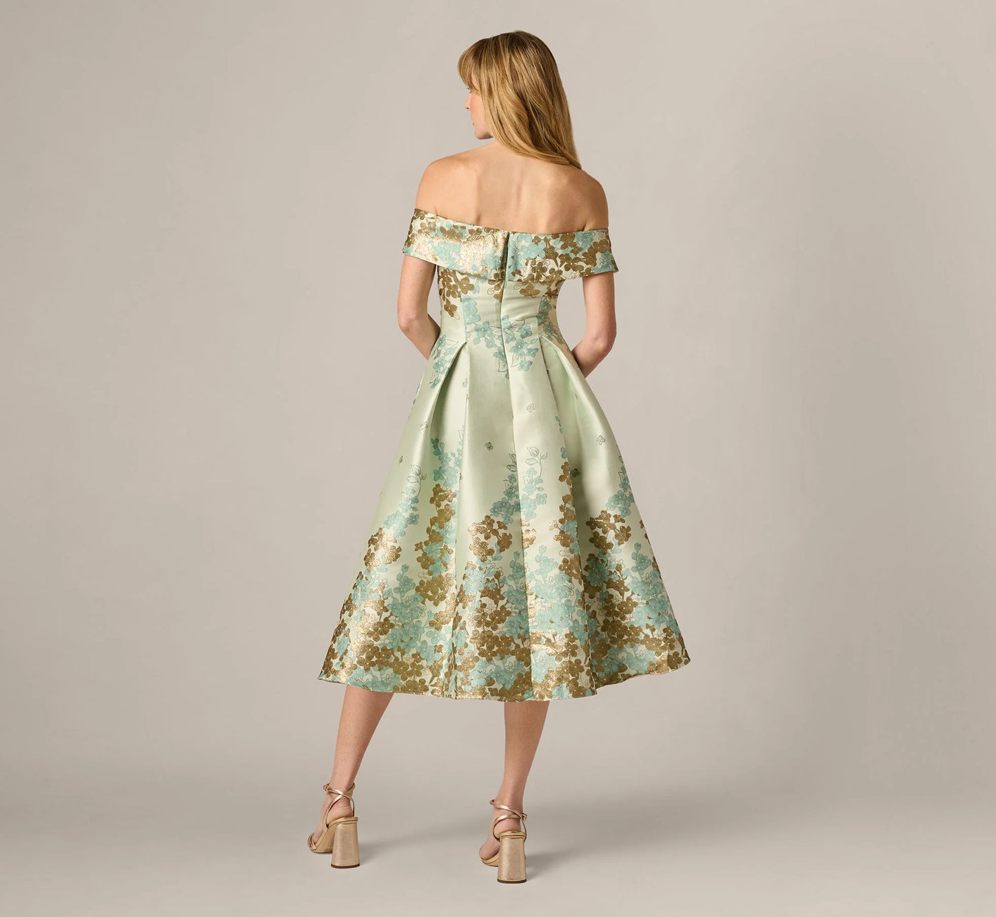 Floral Jacquard Ankle Length Dress With Off The Shoulder Neckline In Sage Gold