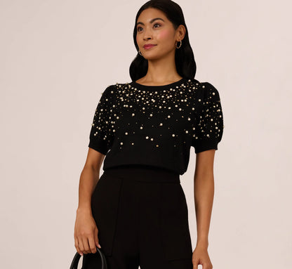 Puff Sleeve Pearly Embellished Sweater In Black