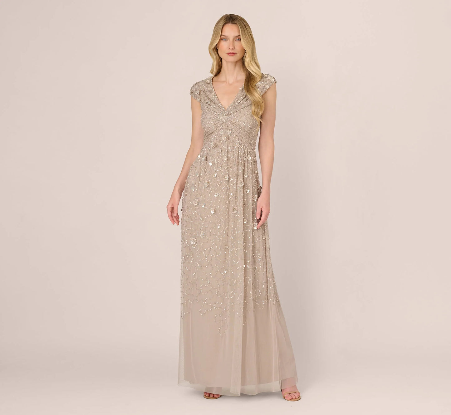 Cap Sleeve Beaded Sequin Floral Gown In Marble