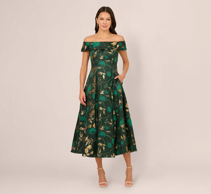 Off Shoulder Metallic Jacquard Midi Dress In Hunter Gold