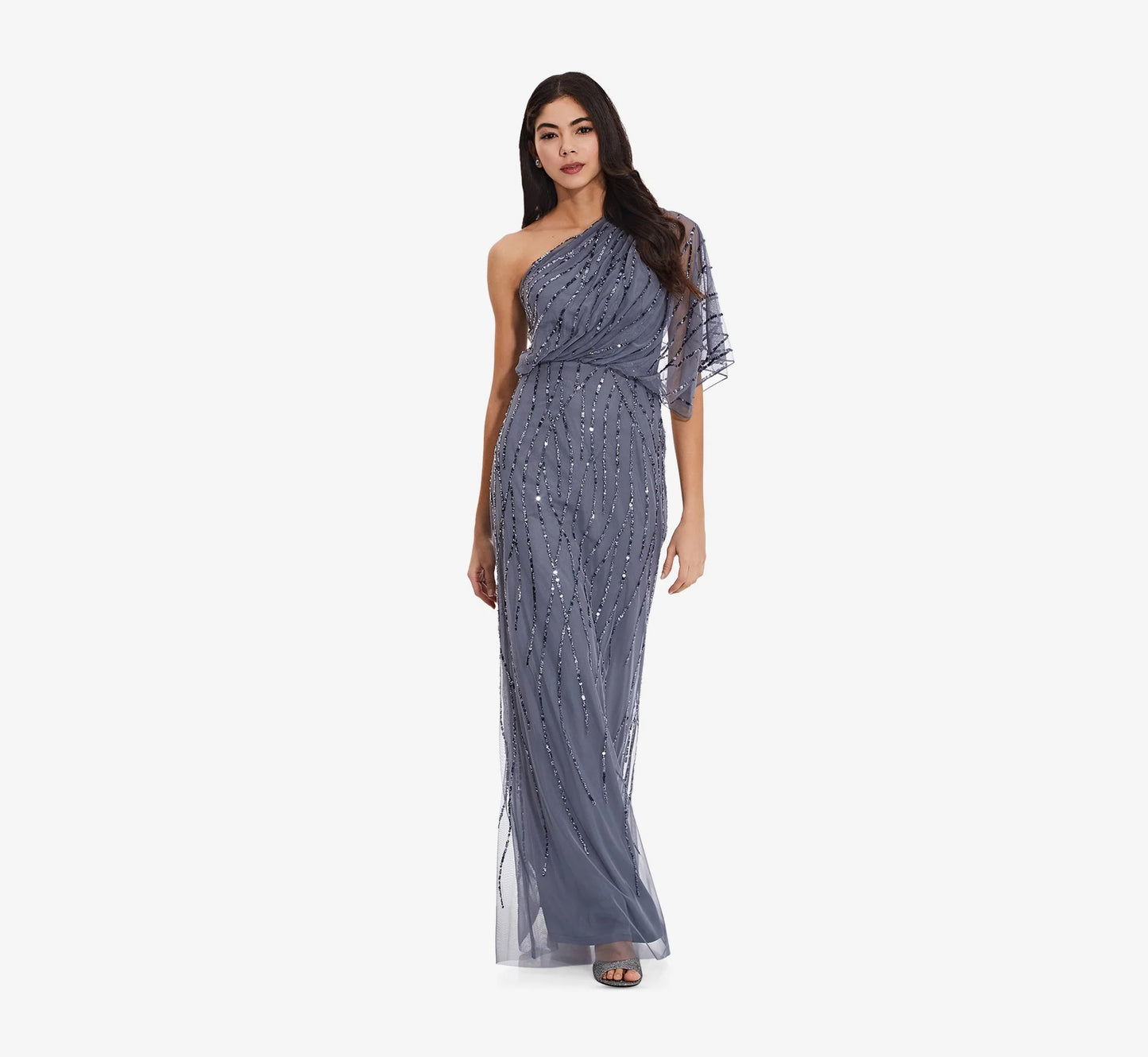 Draped One Shoulder Dress With Sequin Detail In Dusty Blue