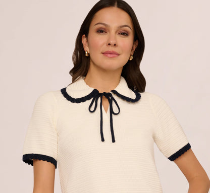 Short Sleeve Collared Cotton Crochet Top In Ivory Blue Moon