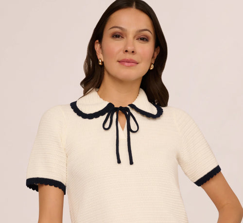 Short Sleeve Collared Cotton Crochet Top In Ivory Blue Moon