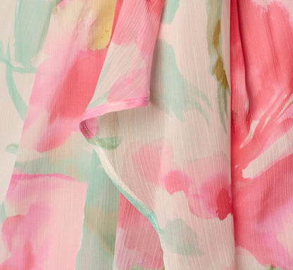 Sleeveless Draped Floral Chiffon Midi Sheath Dress In Coral Green Multi