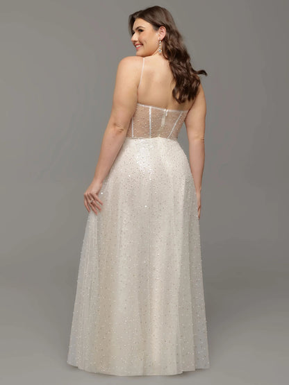BEADED LACE AND TULLE A LINE WEDDING DRESS